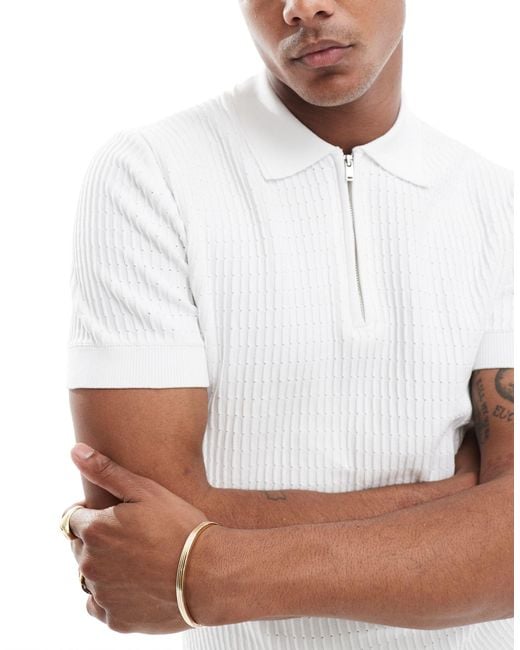 River Island White Muscle Fit Pointelle Polo Shirt for men