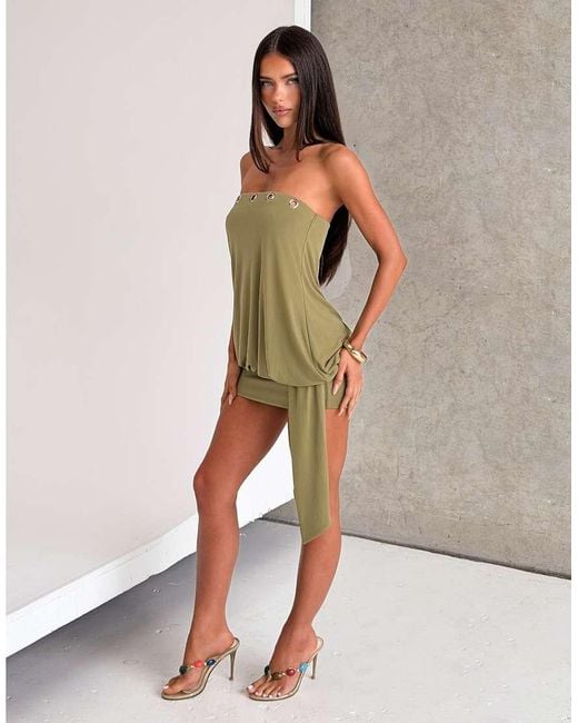 Tiger Mist Green Ravenna Bandeau Jersey Eyelet Detail Cinched Skirt Drape Detail Mini Dress
