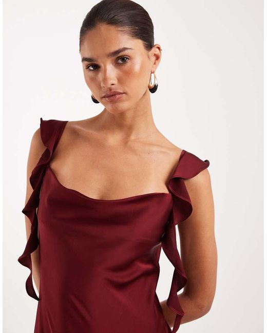 Vila Red Cowl Neck Satin Maxi Dress With Draping Frill Straps