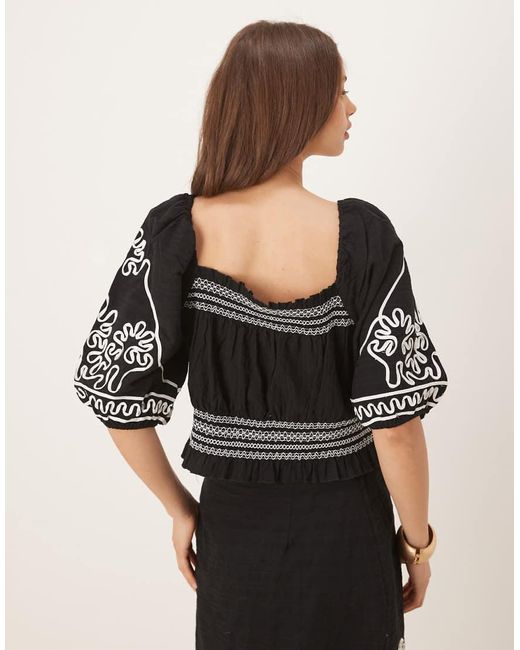 Y.A.S Black Contrast Cornelli Embroidered Puff Sleeve Crop Top Co-ord