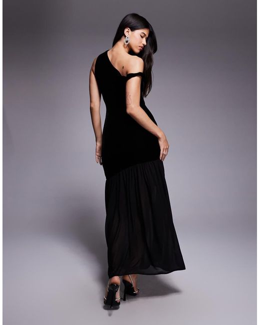 Gina Tricot Black Velvet Twisted Off Shoulder Maxi Dress With Mesh Skirt