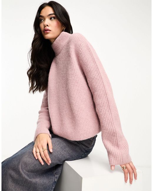& Other Stories Pink Wool And Alpaca Blend High Neck Cropped Jumper