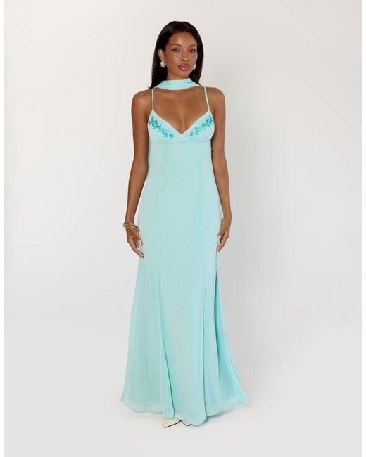 Princess Polly Blue Jadira Chiffon Scarf Detail Embroidered Detail Cami Maxi Dress