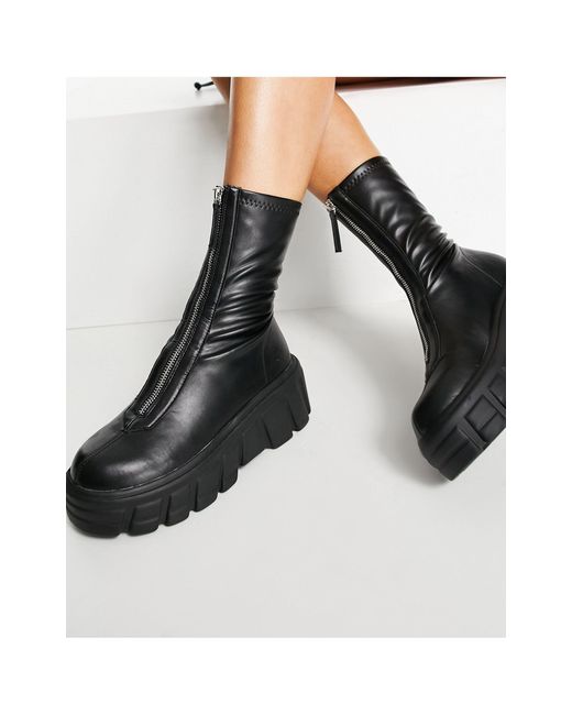 Public Desire Black Domino Chunky Boots With Zip Front