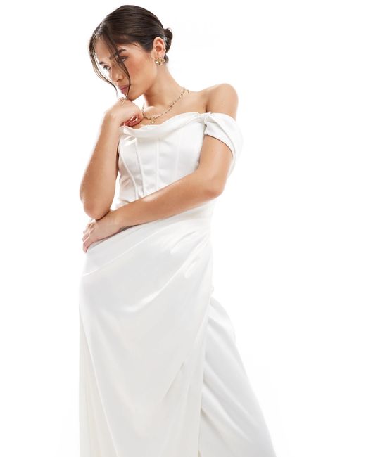 TFNC London White Drop Shoulder Satin Corset Maxi Dress