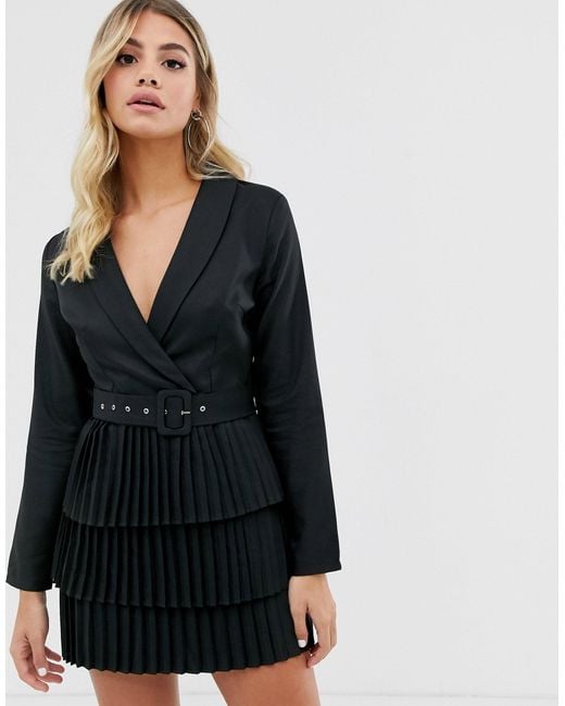 In The Style Black Plunge Front Blazer Dress With Pleated Skirt