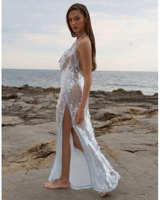 The Frolic White Exclusive Disc Sequin Cowl Neck Thigh Split Low Back Maxi Dress