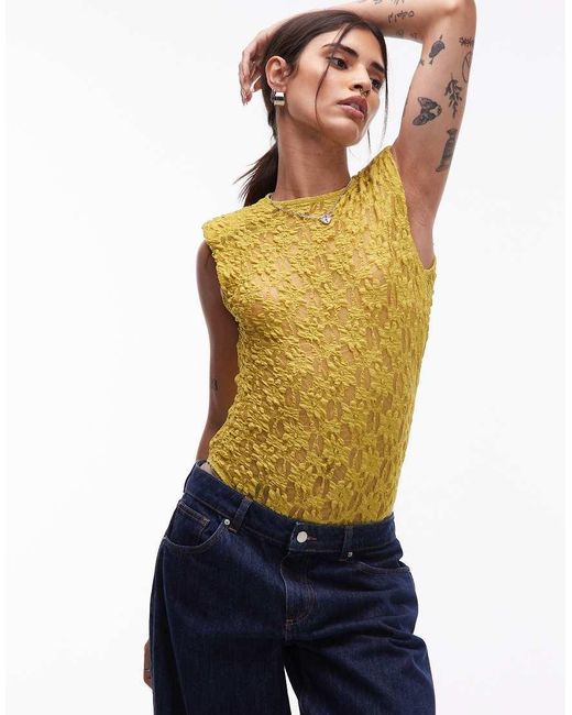 ASOS Yellow Sheer Lace Shoulder Pad Bodysuit