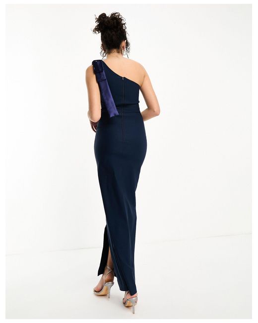 Vesper Blue One Shoulder Contrast Satin Bow Side Spilt Maxi Dress