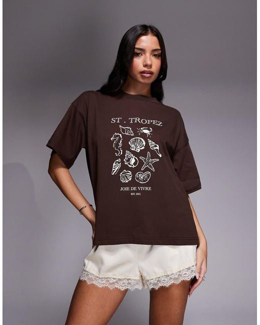 The Frolic Brown Exclusive Cotton 'st Tropez' Shell Front Graphic T-shirt