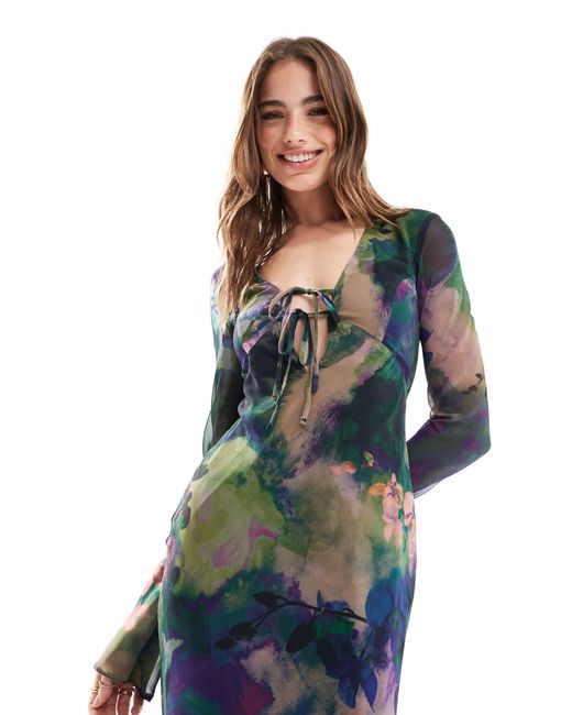 ASOS Blue – langärmliges midikleid mit gebundener vorderseite, grunge-blumenmuster und rock mit bias-cut