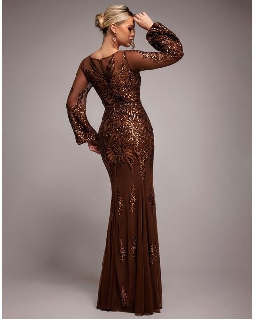 Goddiva Brown Embellished Sequin Bishop Sleeve Maxi Dress