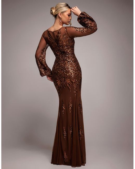 Goddiva Brown Embellished Sequin Bishop Sleeve Maxi Dress