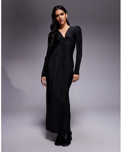 ASOS Blue Plisse Long Sleeve Twist Front Midi Dress