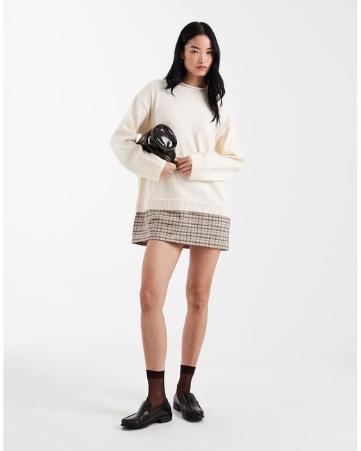 ASOS Natural Knit Sweater Dress With Woven Plaid Hem
