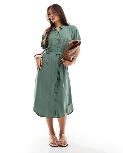 Vero Moda Green Shirt Midi Dress With Tie Belt