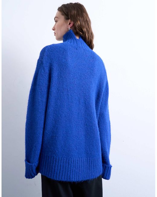 TOPSHOP Blue Oversized High Neck Longline Knit Sweater With Neck Detail