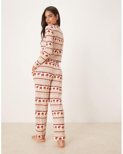 Chelsea Peers Pink Christmas Teddy Fairisle Henley And Trouser Pyjama Set