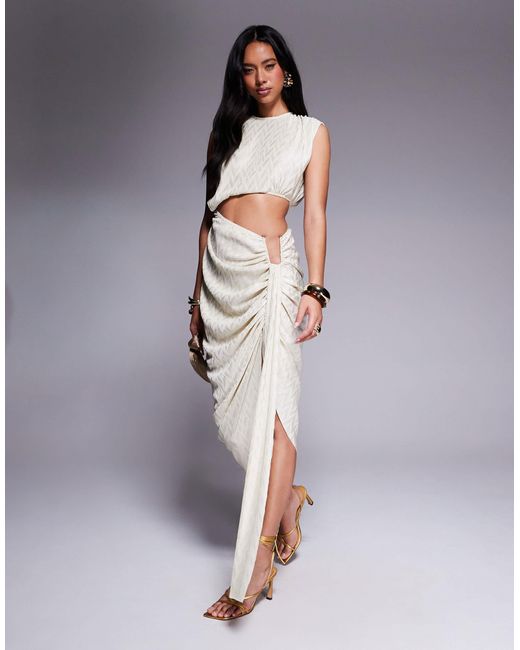ASOS Purple Metallic Plisse Midi Dress With Angular Waist Trim