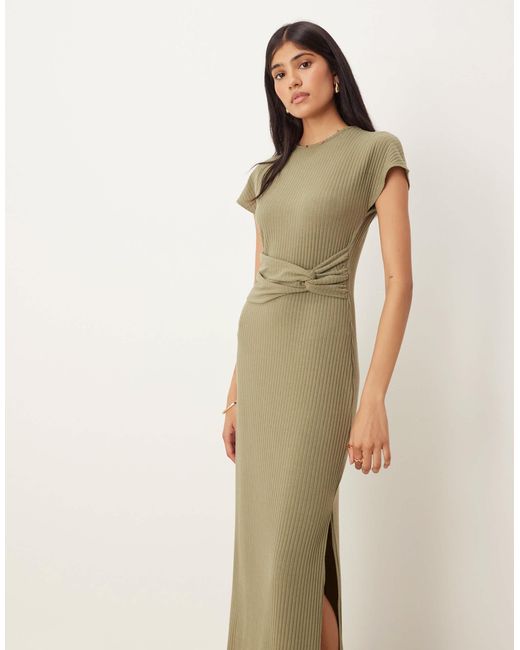 ASOS Natural Ribbed Short Sleeve Racer Knot Waist Midi Dress