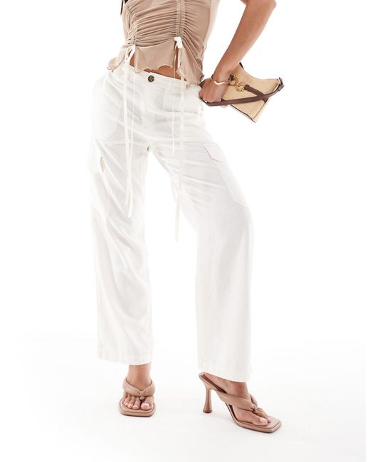 Only Petite White Linen Mix Loose Fit Cargo Pants