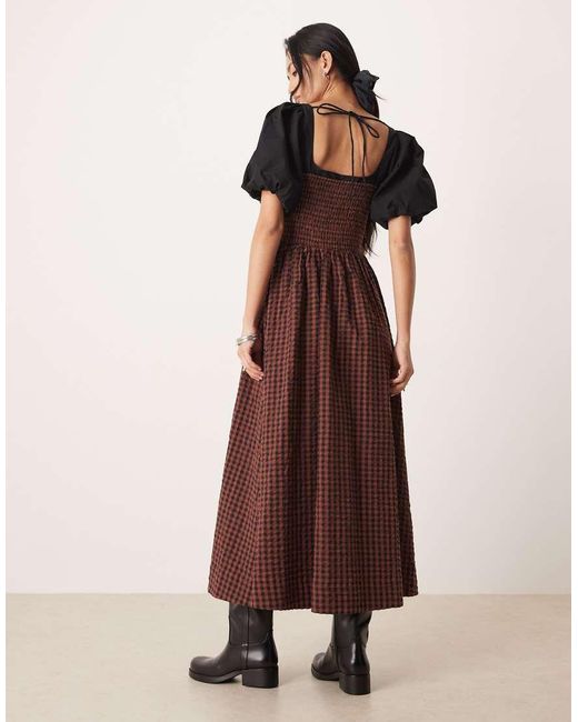 ASOS Brown Shirred Bodice Maxi Dress With Puff Sleeve
