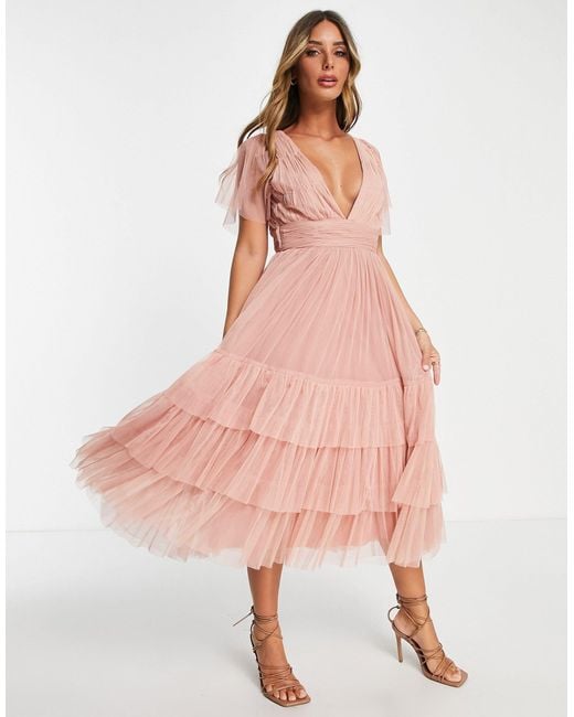 LACE & BEADS Pink Bridesmaid Madison V Neck Tulle Dress