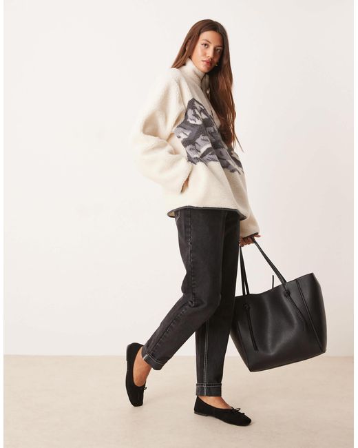 ASOS Natural Borg Zip Through Fleece With Placement Mountain Print