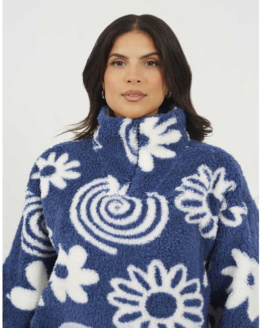 Brave Soul Blue Quarter Zip Flower Print Sherpa Fleece