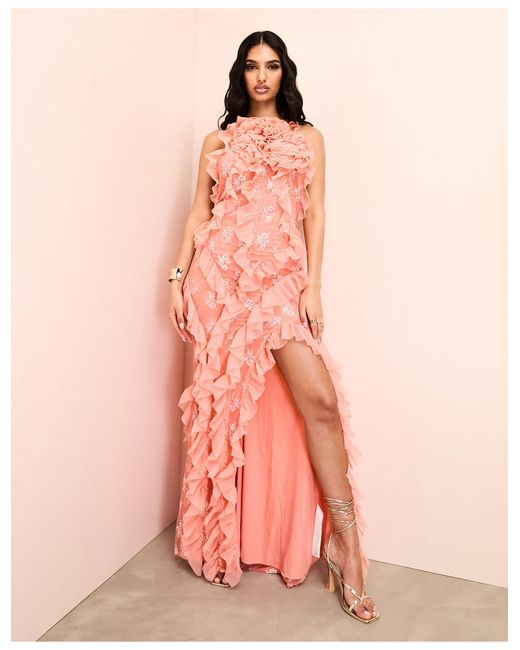 Robe longue en mousseline et dentelle a volants et detail fleur abricot ASOS en coloris Rose Lyst