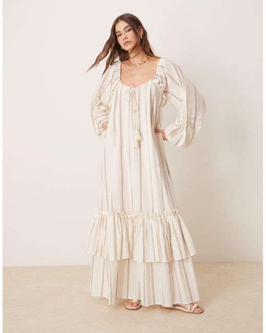 ASOS Natural Maxi Dress With Ruched Channel Neckline And Tiered Hem