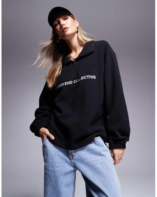 ASOS Blue Weekend Collective Half Zip Borg Fleece With Logo