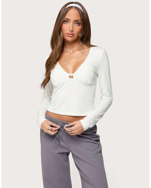 Edikted White Lovisa V Neck Long Sleeve Top