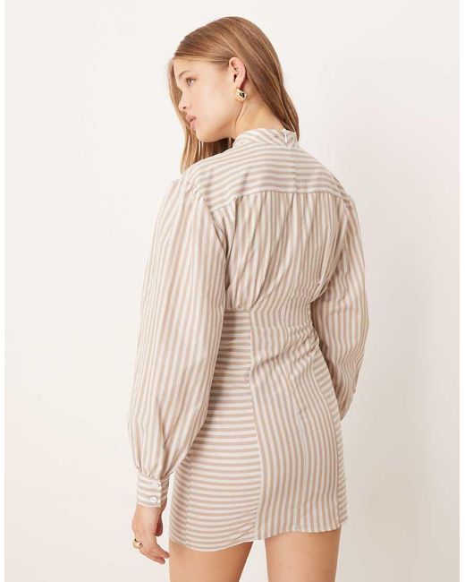 ASOS Natural High Neck Poplin Mini Dress With Pleated Waist
