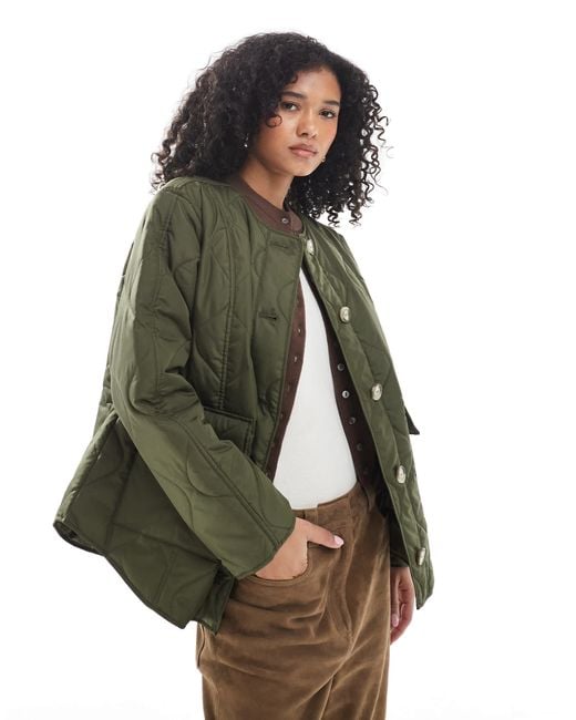 Vero Moda Green Onion Quilted Short Jacket With Pockets