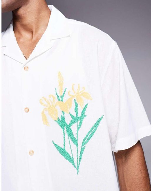 Camicia Corta Oversize Color Panna Con Ricamo Sul Petto di ASOS in White da Uomo