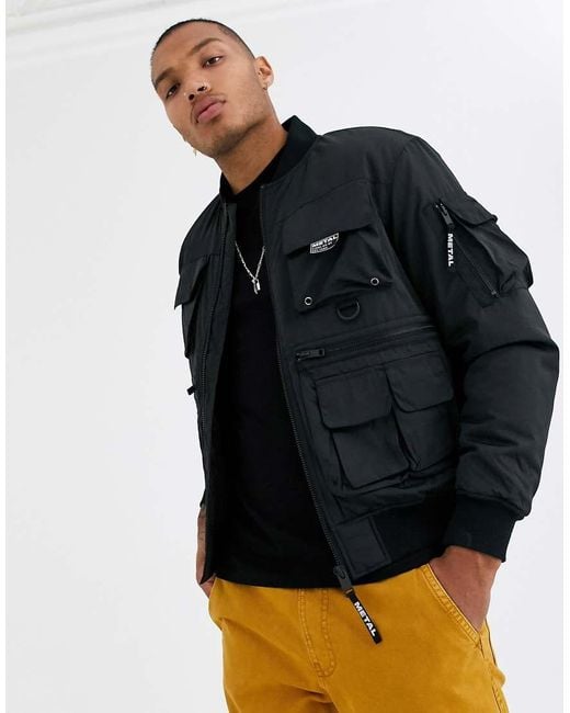 Bershka Black Utility Bomber Jacket for men
