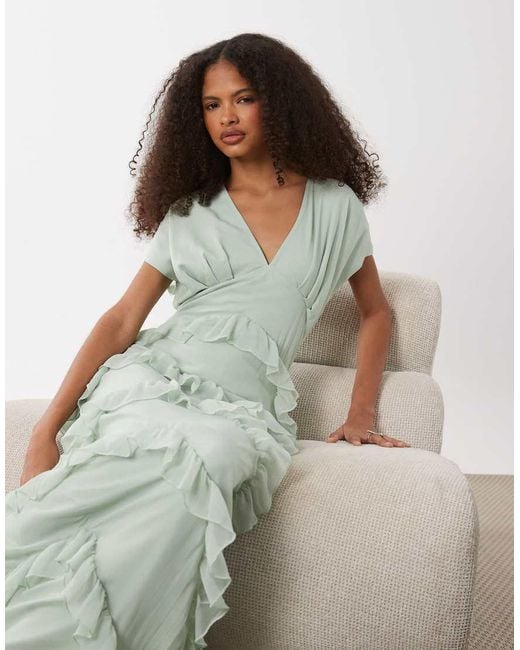 Pretty Lavish White Chiffon V-neck Ruffle Maxi Dress