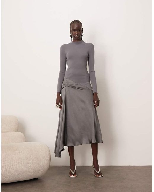 ARRANGE Natural Long Sleeve Hybrid Knit Midi Dress