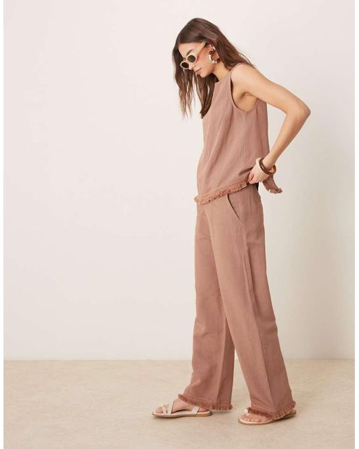 Pantalones Marrón Moca De Pernera Recta Con Bajo De Flecos De Mezcla De Lino De (Parte De Un Conjunto)-Naranja ASOS de color Natural
