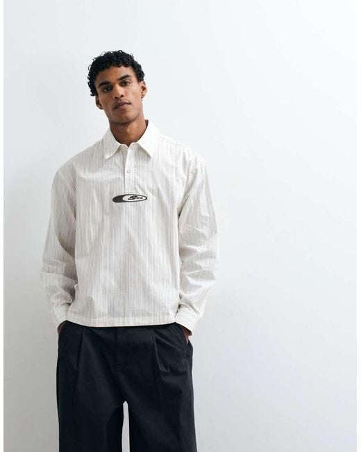 ASOS White Boxy Oversized Poplin Stripe Polo Shirt With Embroidery for men