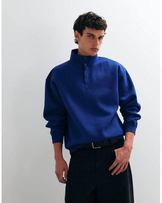 ASOS Blue Oversized Funnel Neck Sweatshirt With Snap Fasteners for men