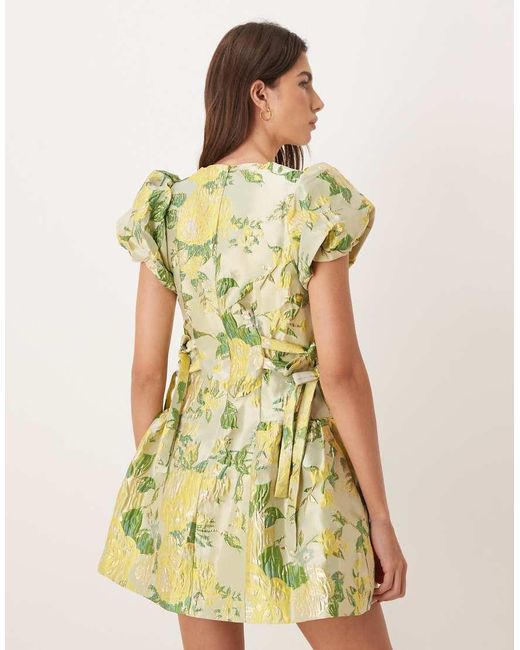Sister Jane Yellow Dream Sunspel Jacquard Puff Sleeve Tie Bow Side Mini Dress