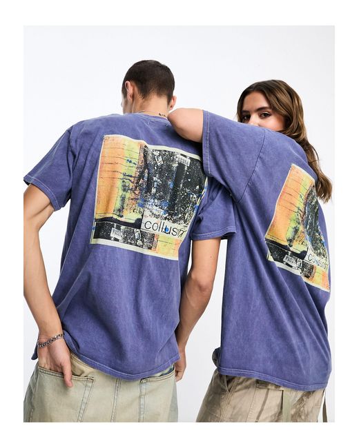 Unisex - t-shirt con stampa di cartolina sul retro di Collusion in Blue