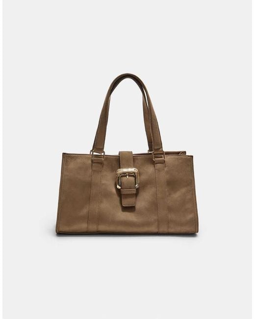 Stradivarius Brown Faux Suede Tote Bag With Buckle