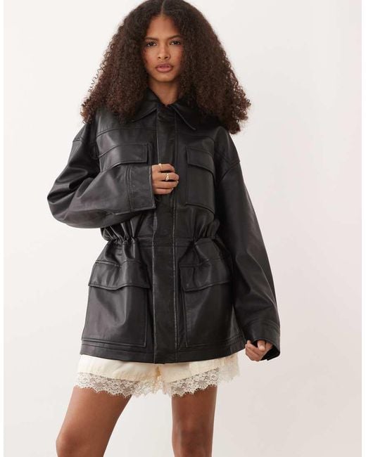 Mango Black Capsule 100% Leather Cinched Waist Jacket