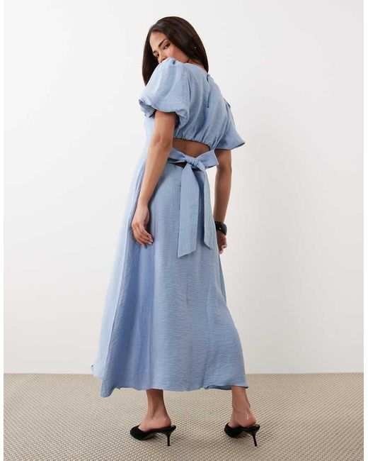 Nobody's Child Petite Blue Symran Satin Slash Neck Puff Sleeve Midi Dress