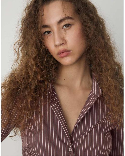 Stradivarius Brown Basic Striped Fitted Shirt