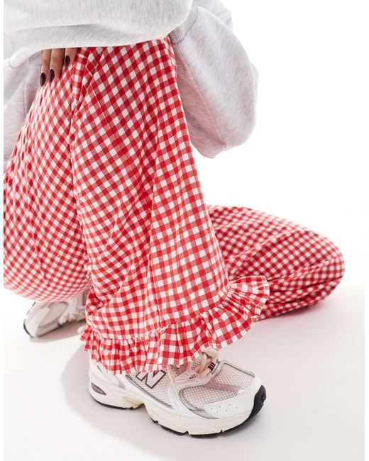ASOS Red Gingham Trousers With Frill Hem