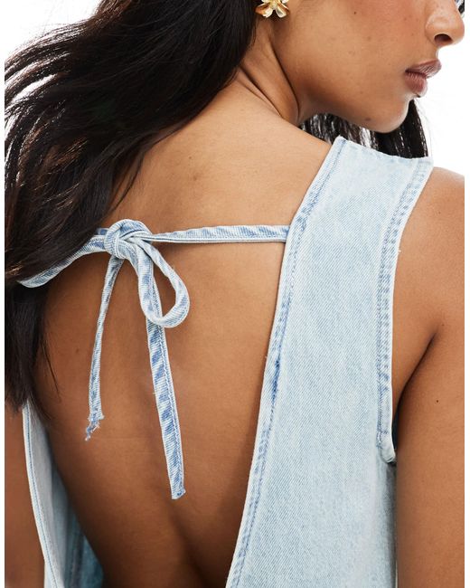 ASOS Blue Denim Sleeveless Midi Dress With Drop Waist